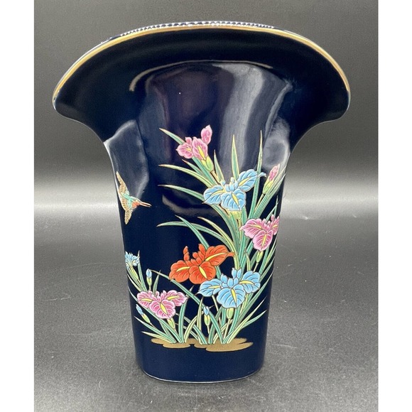 Accents Modern Japanese Yamaji Vase Black Flower Gold Rim Wide Lip